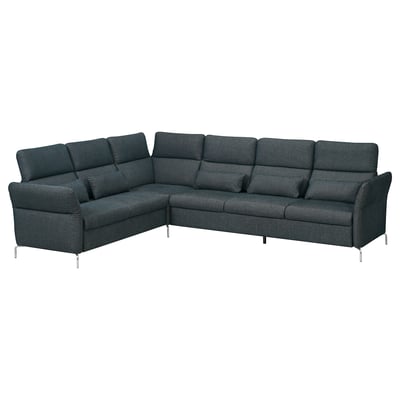Modern dark grey l-shaped FAMMARP sectional sofa, sleek metal legs, adjustable head & armrests.