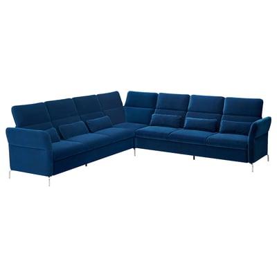 A FAMMARP sectional sofa in deep blue velvet, designed for comfort and flexibility with adjustable headrests and armrests.