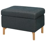 The FAMMARP footstool in dark blue tweed fabric with wooden legs offers storage and comfort.