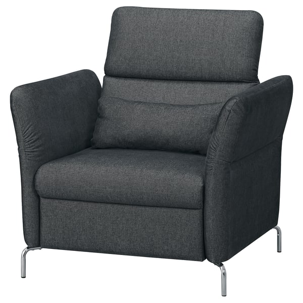 Modern dark grey FAMMARP recliner with cushioned seat and back, chrome legs, adjustable head and armrests.