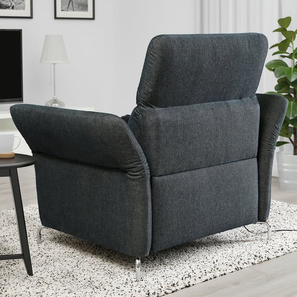 Gray FAMMARP recliner in living room, large, soft chenille fabric.