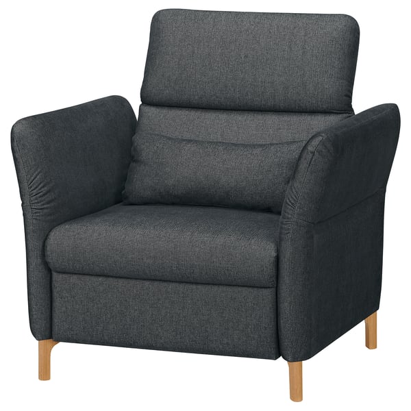 Dark grey FAMMARP recliner, upholstered in cotton-polyester blend, adjustable head and armrests, providing comfort and support.