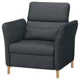 Dark grey FAMMARP recliner, upholstered in cotton-polyester blend, adjustable head and armrests, providing comfort and support.