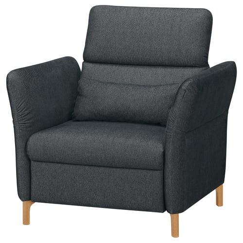 Dark grey FAMMARP recliner, upholstered in cotton-polyester blend, adjustable head and armrests, providing comfort and support.