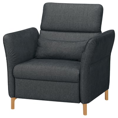 Dark grey FAMMARP recliner, upholstered in cotton-polyester blend, adjustable head and armrests, providing comfort and support.