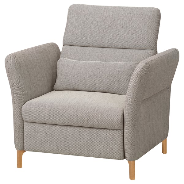 The FAMMARP recliner is a gray, tweed-patterned armchair with wooden legs, offering comfort and adjustable support.