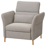 The FAMMARP recliner is a gray, tweed-patterned armchair with wooden legs, offering comfort and adjustable support.