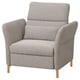 The FAMMARP recliner is a gray, tweed-patterned armchair with wooden legs, offering comfort and adjustable support.