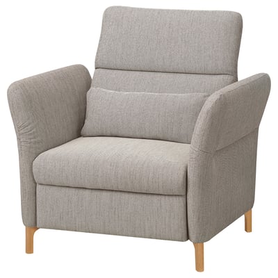 The FAMMARP recliner is a gray, tweed-patterned armchair with wooden legs, offering comfort and adjustable support.