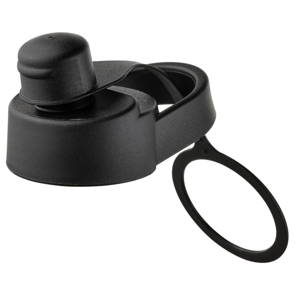 Black sports bottle lid with loop handle and nozzle for easy drinking.