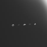 Five icons on black background: power button, two speed settings, fan, and gear for settings.