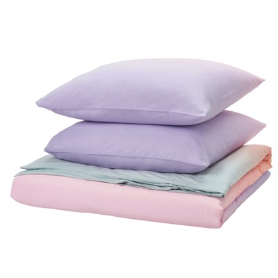 FLÄDERBUSKE set: 2 purple pillows on pink sheets, smooth blend, vibrant, fade-like design.