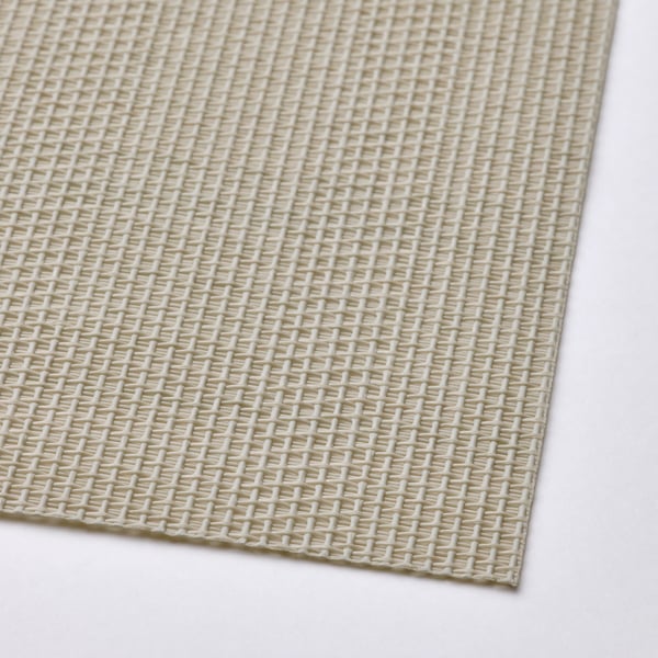 Woven beige plastic place mat, rectangular, textured grid pattern, lays flat.