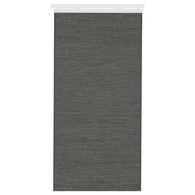 A dark-colored FÖNSTERVIVA panel curtain, made from recycled materials, designed to provide privacy while allowing light through.