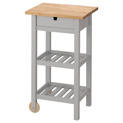 Grey FÖRHÖJA trolley with wooden top, wheels, drawer, two shelves.