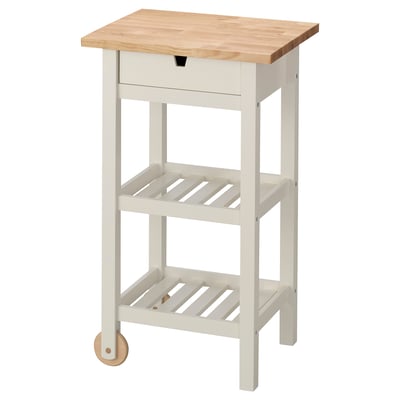 White & wood ikea FÖRHÖJA kitchen cart with drawer & slatted shelves.
