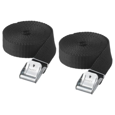 Two black FRAKTA straps with metal buckles, coiled neatly. Ideal for securing luggage.