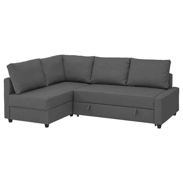 Dark grey FRIHETEN 3-in-1 sofa bed. Modern, l-shaped design with storage chaise longue.