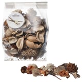 Clear bag with dried plants, brown and beige tones, label FRÖFINK with vanilla scent illustration.