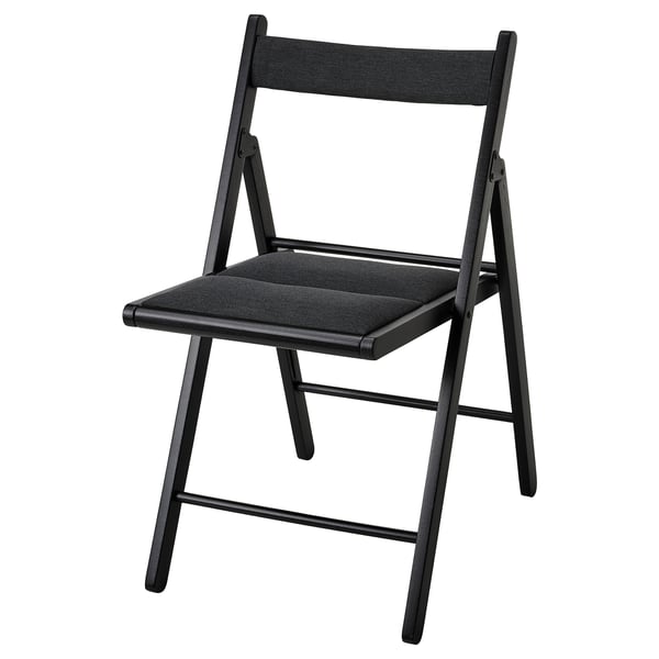Black foldable chair, modern design, durable fabric seat and back, sturdy hardwood frame.