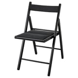 Black foldable chair, modern design, durable fabric seat and back, sturdy hardwood frame.