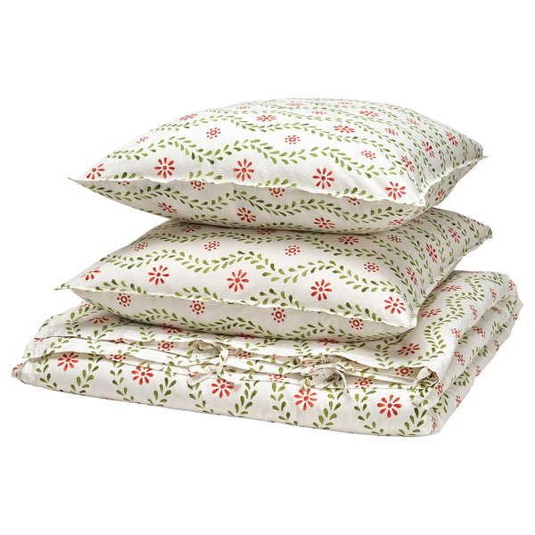 FYRISVIDE cream duvet set, red/green florals, recycled cotton, vintage watercolour pattern.
