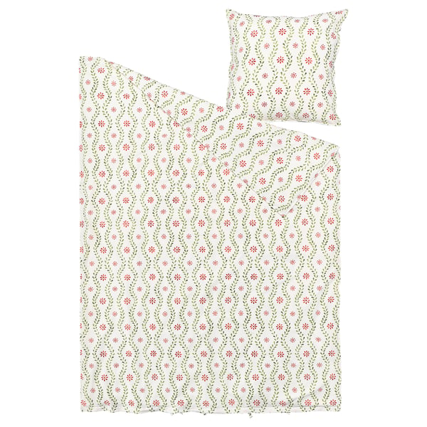 FYRISVIDE duvet & pillow set, white with red & green floral design, 100% recycled cotton.