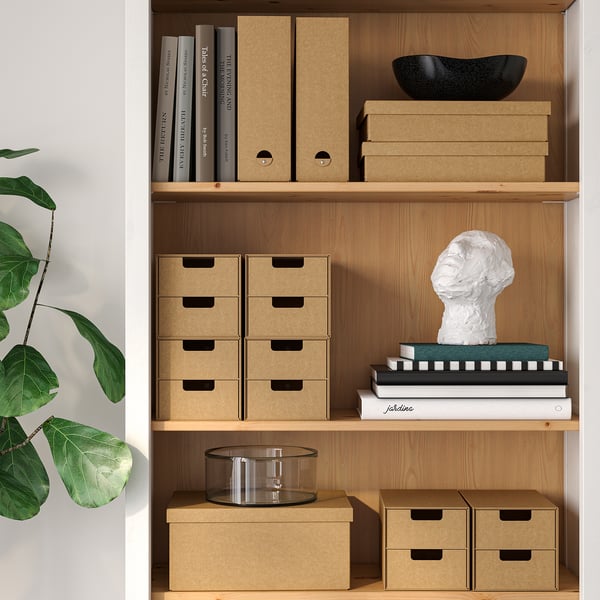 Wooden bookshelf with boxes, books, and a plant.