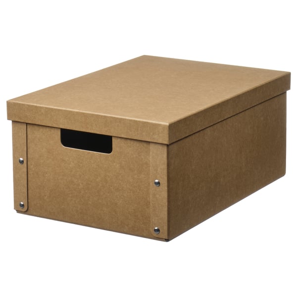 An ikea GÄRDESGÅRD cardboard storage box in brown, with a lid and handle, ideal for organizing items.
