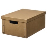 An ikea GÄRDESGÅRD cardboard storage box in brown, with a lid and handle, ideal for organizing items.