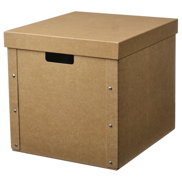 A cardboard GÄRDESGÅRD box, brown, square-shaped with a lid and handle.