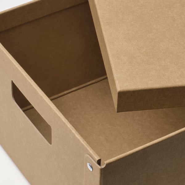 Closed brown cardboard box with cut-out handle, shown from an angled view.