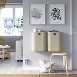 Wall-mounted recycling bins GÅRDSBUTIK, 50% recycled, with artwork.