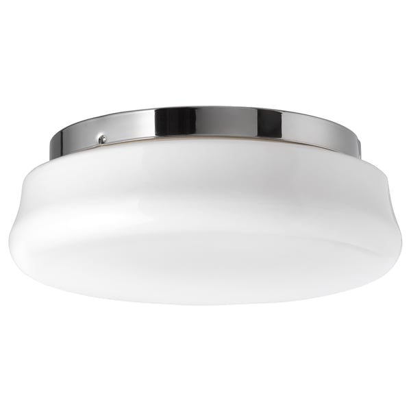 GÅSGRUND ceiling light, white glass, nickel finish, circular shape.