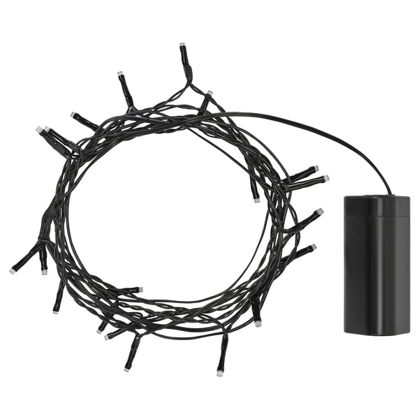 Image shows black battery-powered GETKÅL string lights with a cylindrical black battery box.
