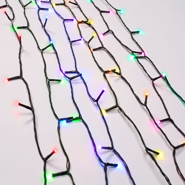 Colorful string lights with various light modes, designed for both indoor and outdoor use, automatically turning on at dusk.