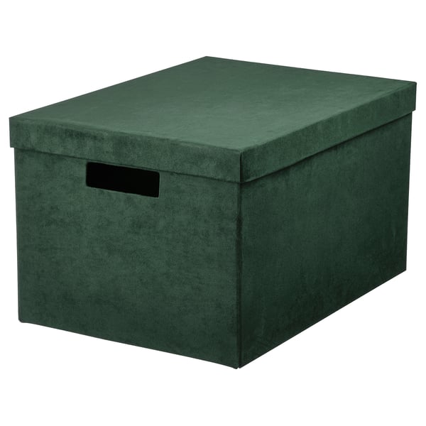 GJÄTTA Storage box with lid, velvet dark green, 25x35x20 cm