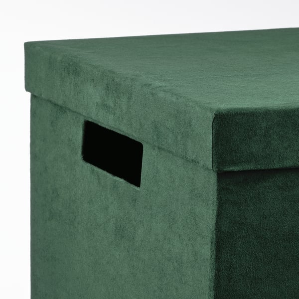 GJÄTTA Storage box with lid, velvet dark green, 25x35x20 cm