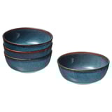 Three blue ceramic bowls, stackable, with golden rim and speckled design.