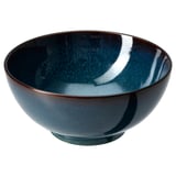 GLADELIG bowl, ocean-blue with gold rim, large, round, stoneware, elegant, crafted feel.