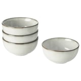 Four light grey stoneware bowls with a sand-glazed finish and slightly textured design, stacked and displayed.