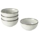 Four light grey stoneware bowls with a sand-glazed finish and slightly textured design, stacked and displayed.