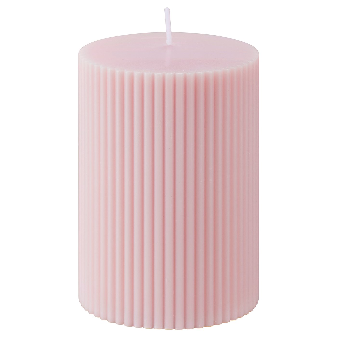 GLASBJÖRK pink candle; cylindrical with ridged design, made of plant-based wax.