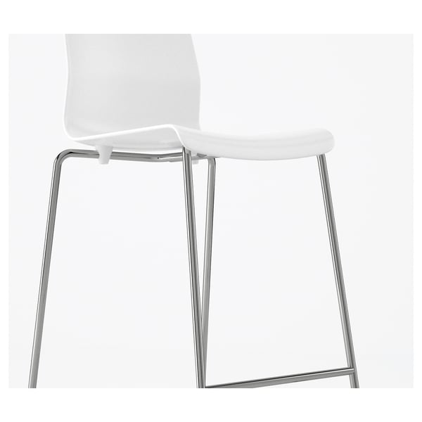 Modern white bar stool with sleek chrome legs, designed for comfort and stackability.