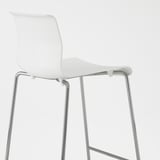 A sleek white stool with chrome legs and smooth seat, designed for stacking, against a clean white background.
