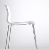 White bar stool with clean lines, featuring a chrome metal frame and sleek polycarbonate seat. Ideal for modern settings.