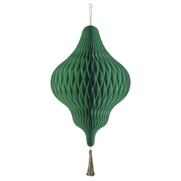 Dark green, recycled paper, teardrop ornament, intricate folds, small loop top, tassel bottom.