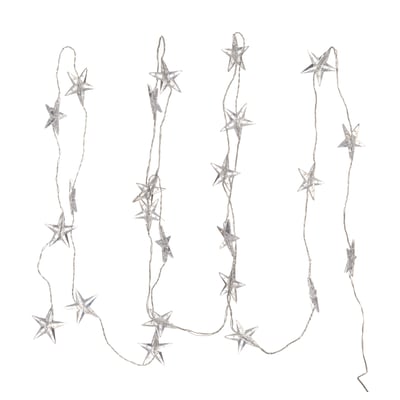 Four strings of silver star-shaped led lights against a white background.