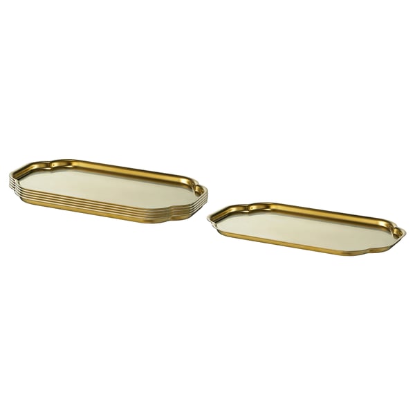 Two golden serving trays, slim, rectangular with curved edges, stackable and stylish for serving guests.
