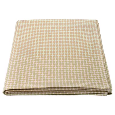 A beige GOKVÄLLÅ tablecloth, featuring a mosaic check-diamond pattern, made of 90% cotton and 10% jute.